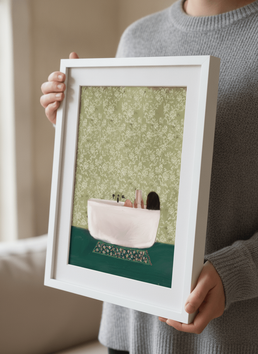 Person showcasing the artwork against a clean modern interior wall