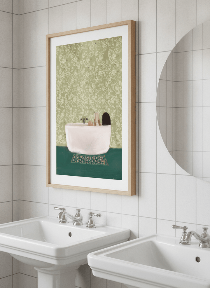 Modern print displayed in a clean minimalist bathroom setting