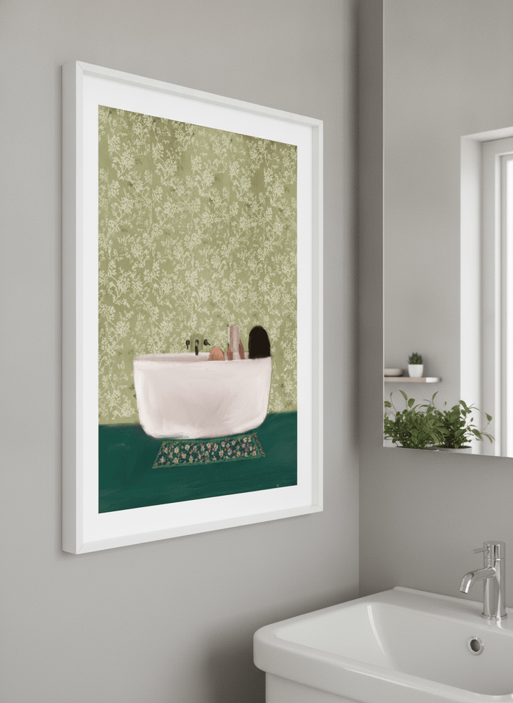 Modern print displayed in a clean minimalist bathroom setting