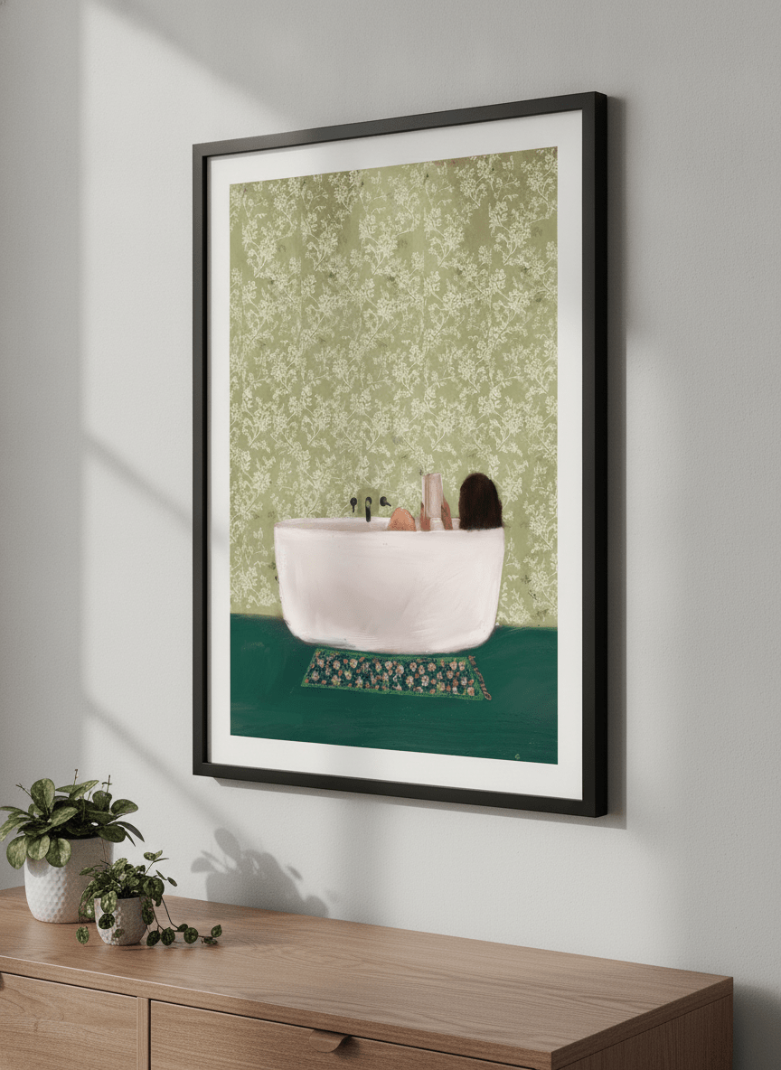 Minimalist artwork displayed in a calm, light-filled bedroom interior