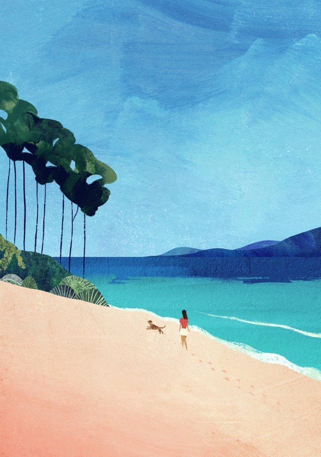 Woman walking a dog on a sandy beach with palm trees and mountains in the background. framed