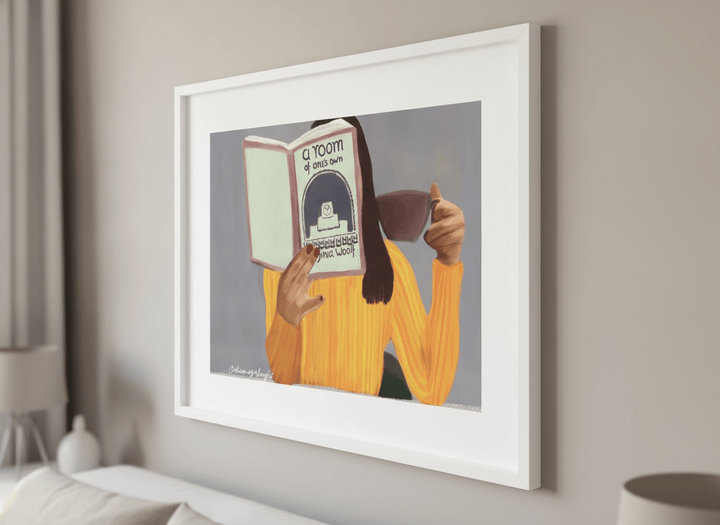 Minimalist artwork displayed in a calm, light-filled bedroom interior