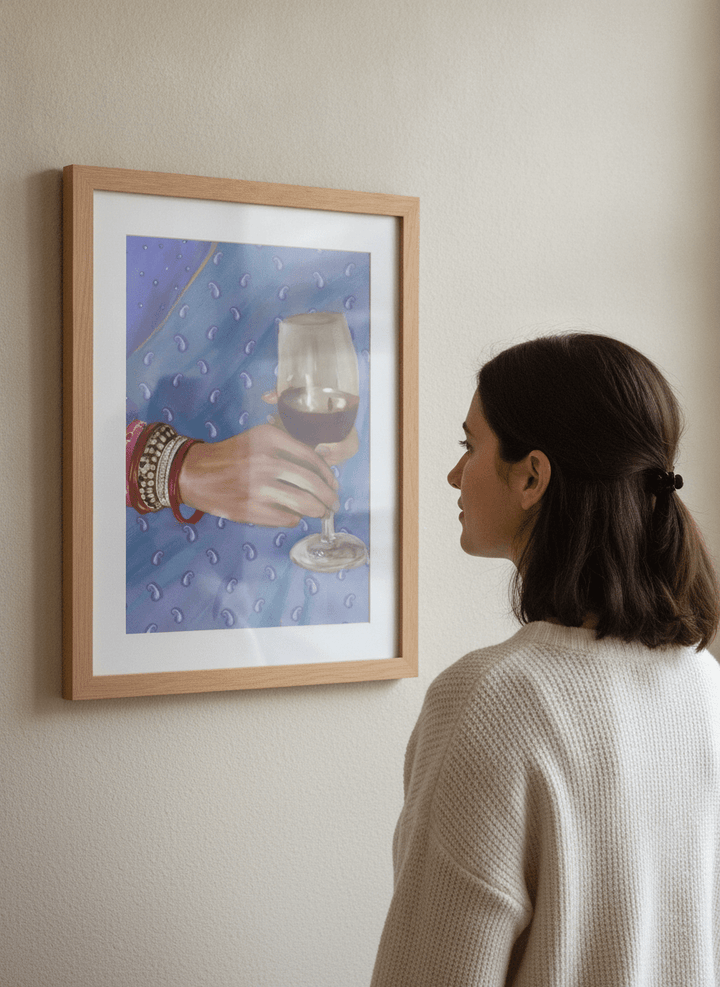 Person showcasing the artwork against a clean modern interior wall