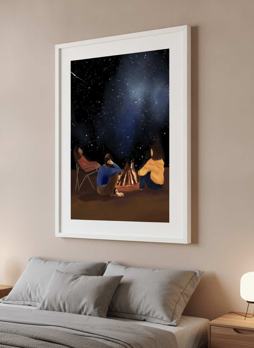 Minimalist artwork displayed in a calm, light-filled bedroom interior
