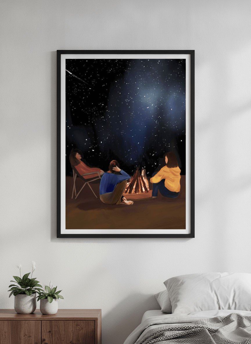 Minimalist artwork displayed in a calm, light-filled bedroom interior
