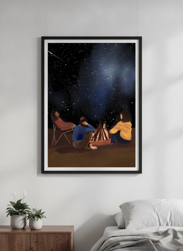 Minimalist artwork displayed in a calm, light-filled bedroom interior