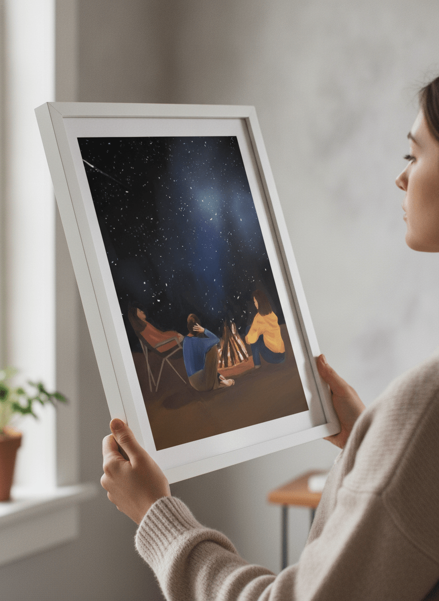 Person showcasing the artwork against a clean modern interior wall