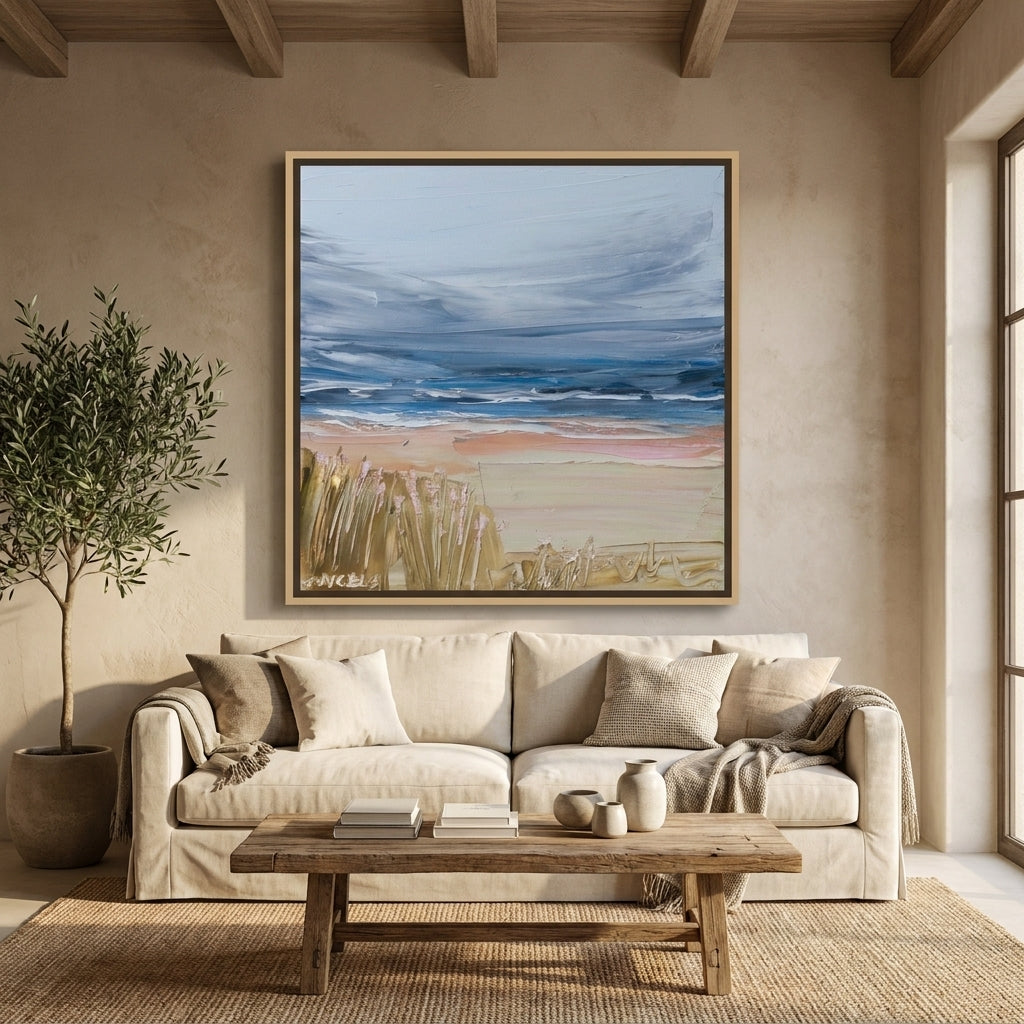 Oversized statement canvas wall art with a natural timber surround styled in a neutral living room