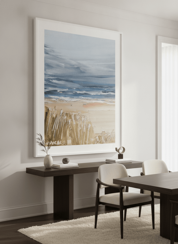 Monumental artwork centred on a feature wall in a luxe interior
