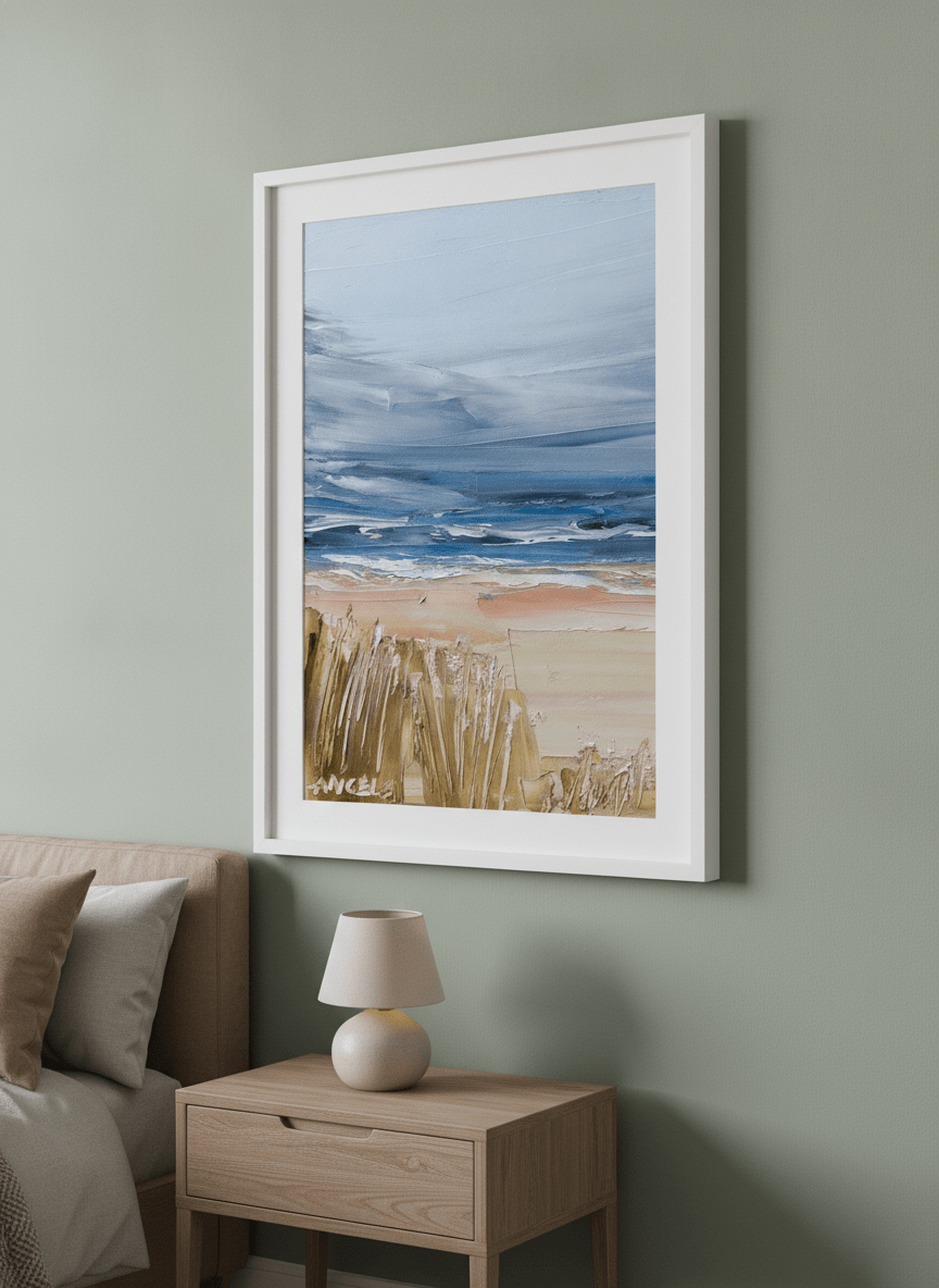 Minimalist artwork displayed in a calm, light-filled bedroom interior