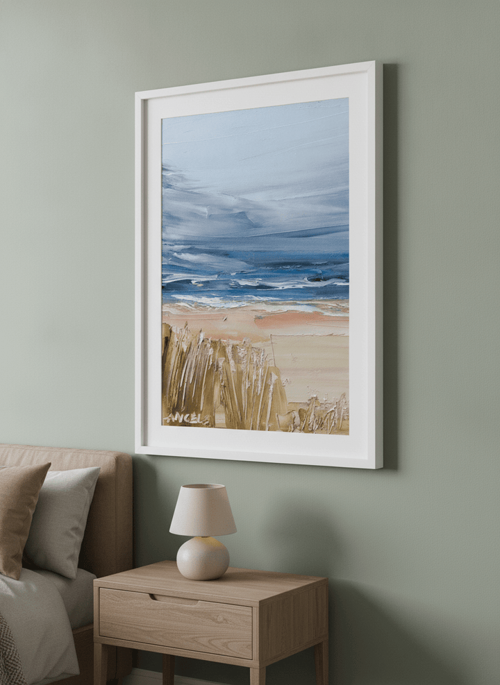 Minimalist artwork displayed in a calm, light-filled bedroom interior