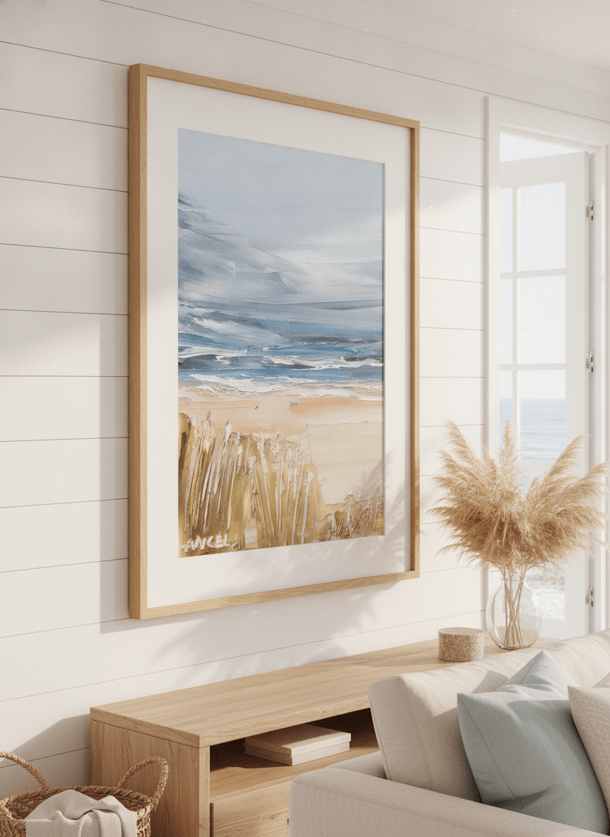 Neutral wall art displayed in a sunny coastal beach house