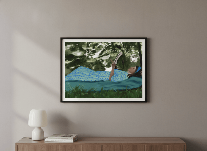 Minimalist artwork displayed in a calm, light-filled bedroom interior