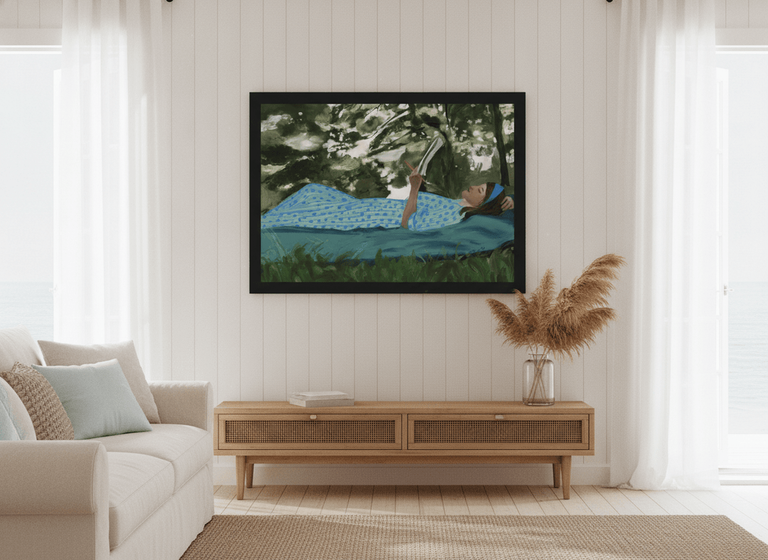 Neutral wall art displayed in a sunny coastal beach house