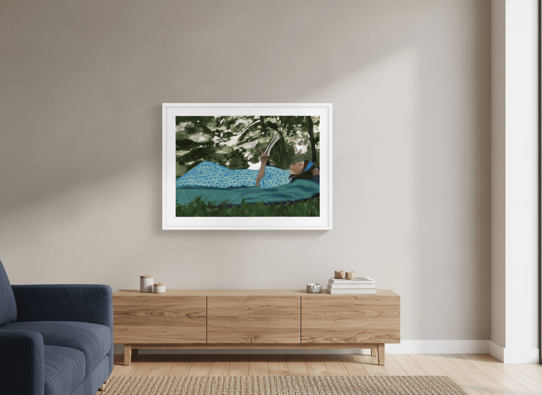 Artwork displayed above a credenza in a real-looking contemporary home