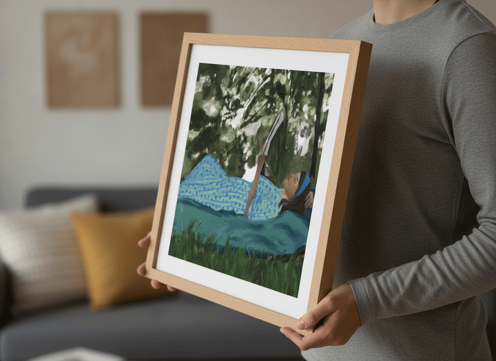 Person showcasing the artwork against a clean modern interior wall