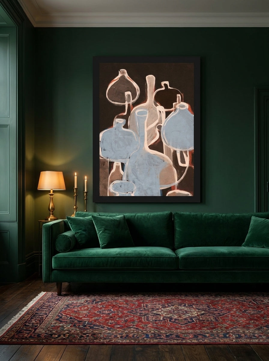 Oversized statement modern wall art print styled on the wall in a moody living room