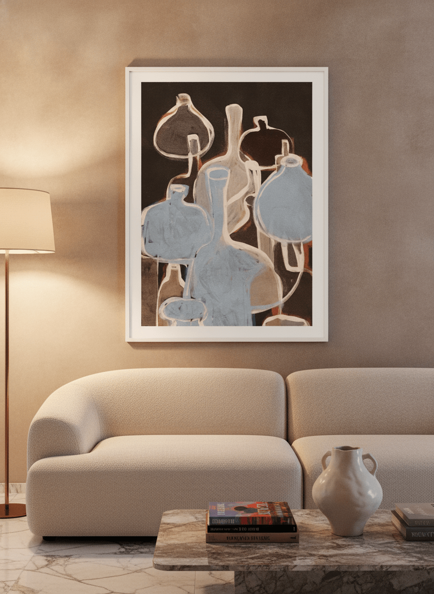 Modern wall art print styled on the wall in a luxe living room