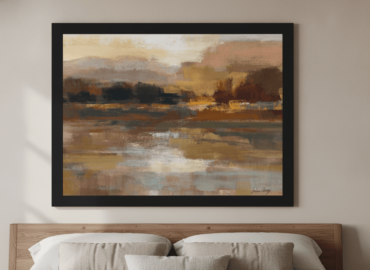 Minimalist artwork displayed in a calm, light-filled bedroom interior
