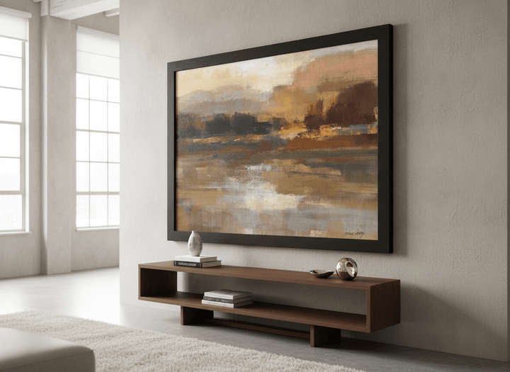 Monumental artwork centred on a feature wall in a luxe interior