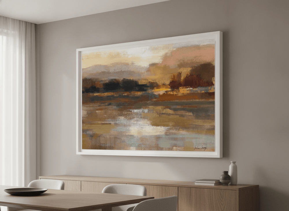 Wall art styled above a dining table in a contemporary home
