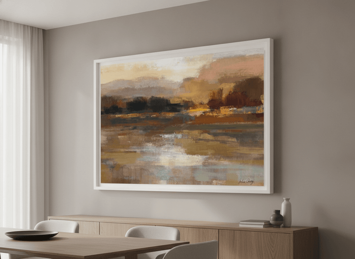 Wall art styled above a dining table in a contemporary home