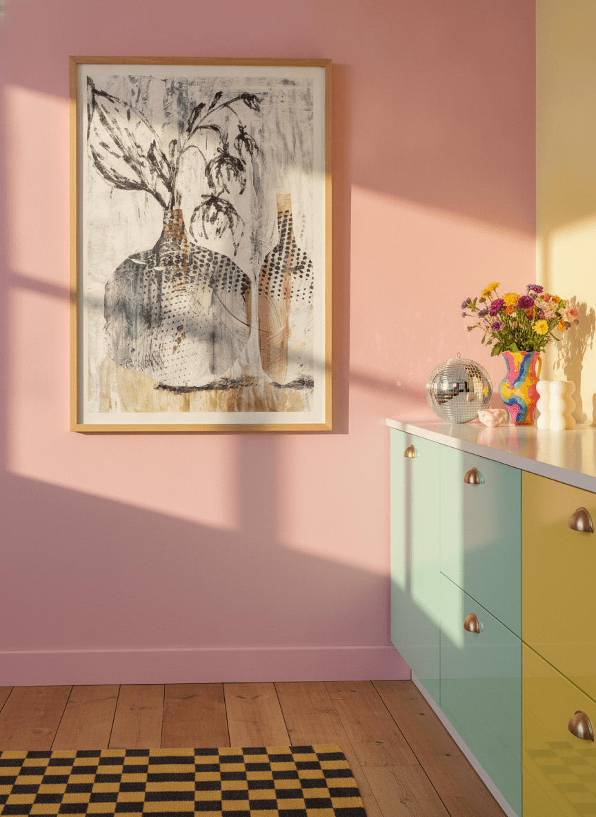 Modern wall art print styled on the wall in a colourful eclectic kitchen