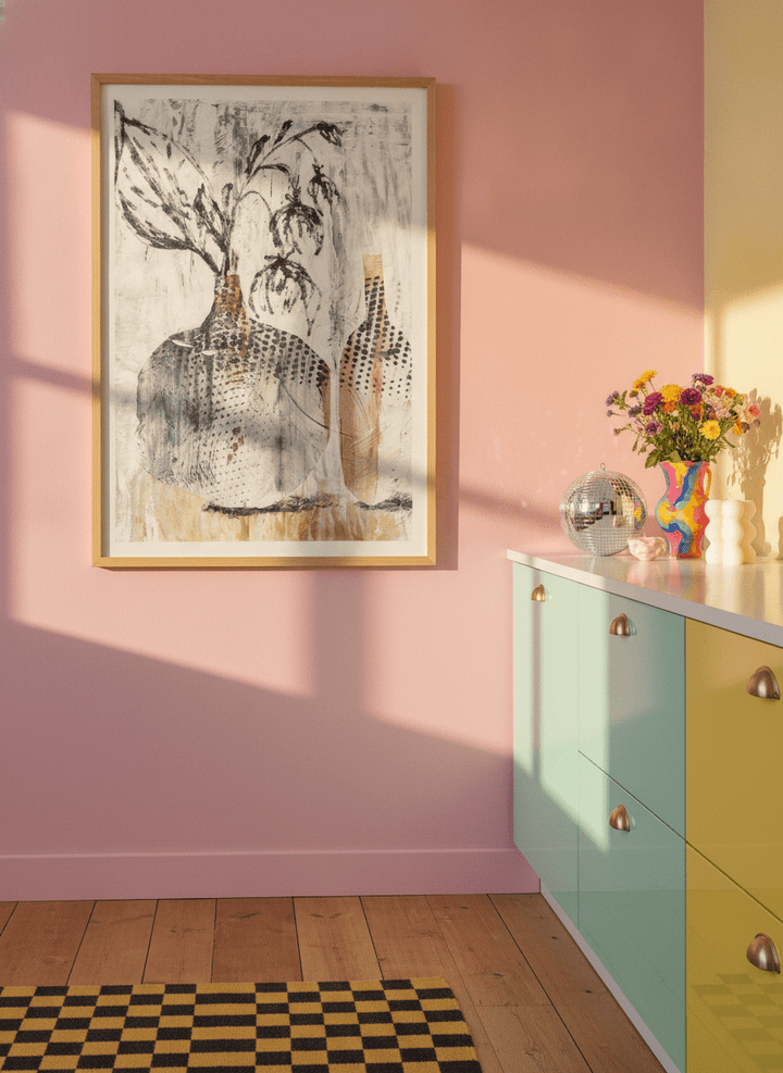 Modern wall art print styled on the wall in a colourful eclectic kitchen