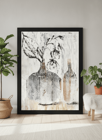 Oversized statement modern wall art print leaning against the wall in a bright Scandinavian dining room
