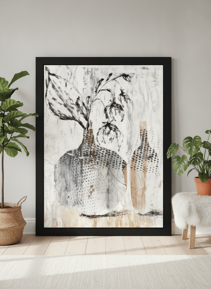 Oversized statement modern wall art print leaning against the wall in a bright Scandinavian dining room