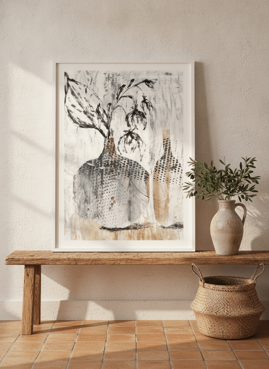 Modern wall art print standing on a bench in a Mediterranean bedroom