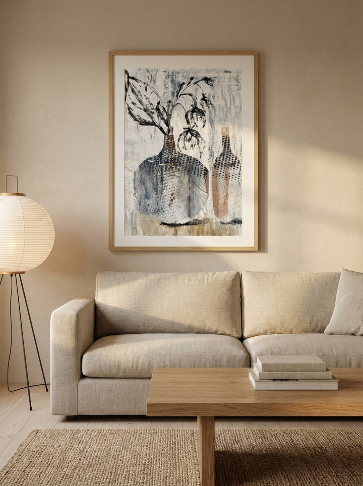 Modern wall art print styled on the wall in a warm Japandi living room