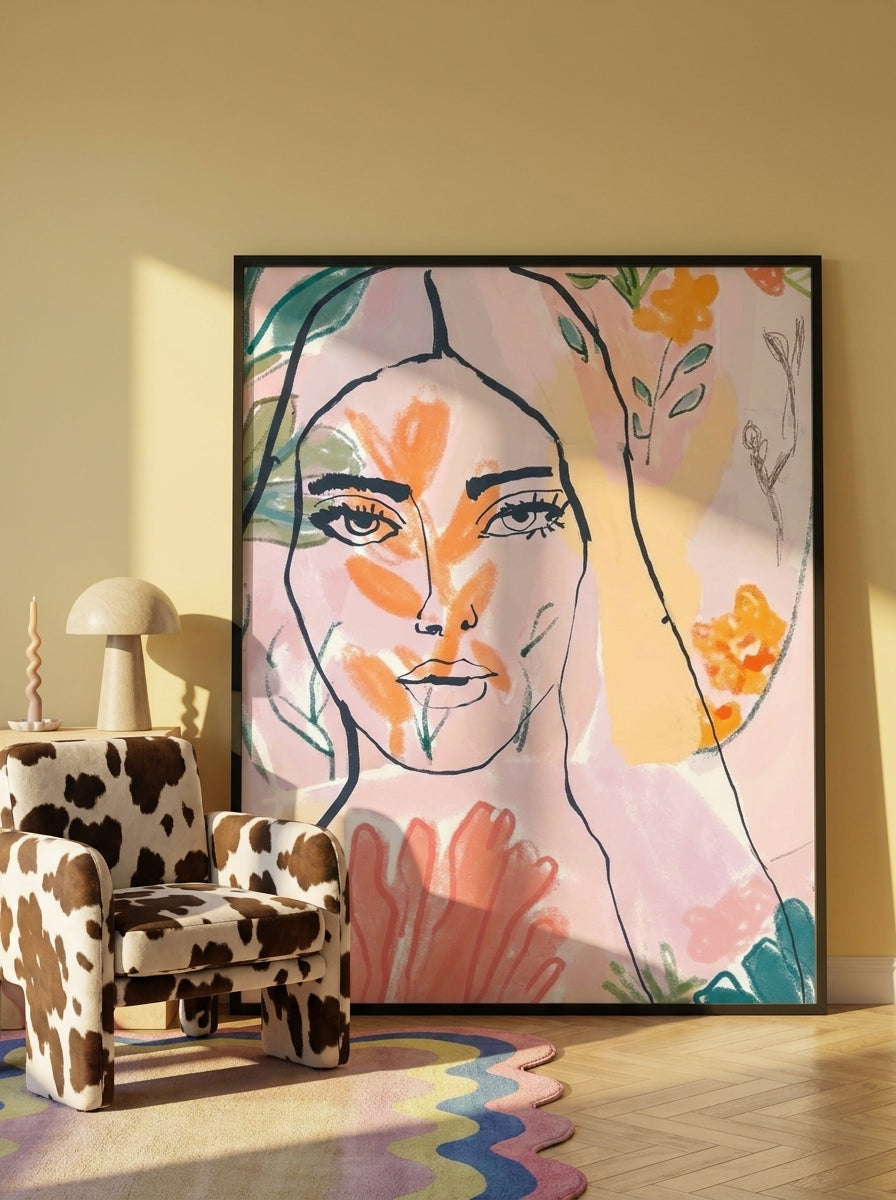Oversized statement modern wall art print leaning against the wall in a colourful eclectic living room