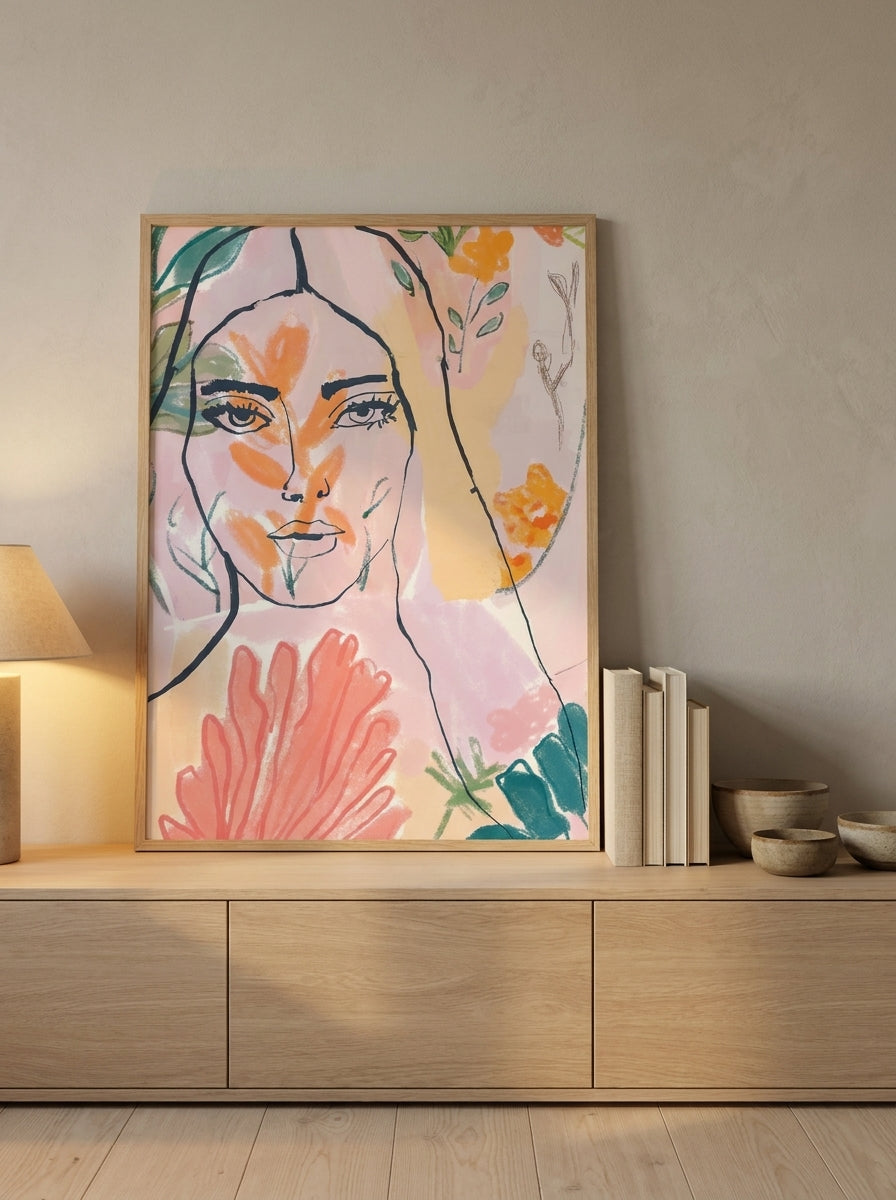 Modern wall art print standing on a sideboard in a warm Japandi home office