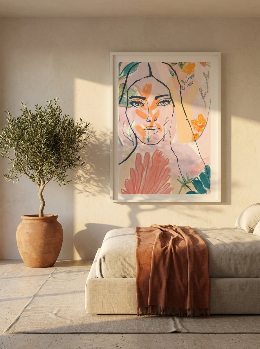 Modern wall art print styled on the wall in a Mediterranean bedroom