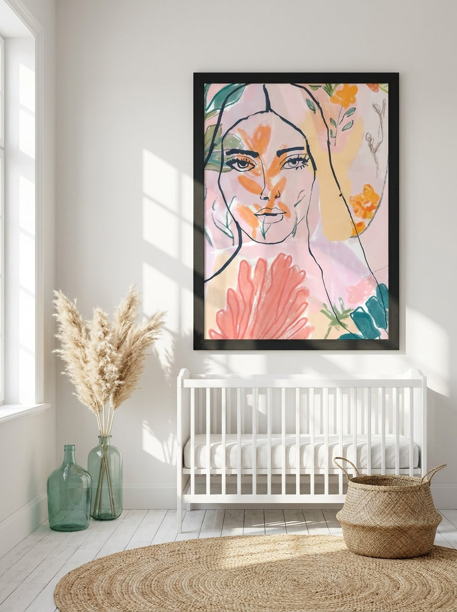 Oversized statement modern wall art print styled on the wall in a coastal nursery