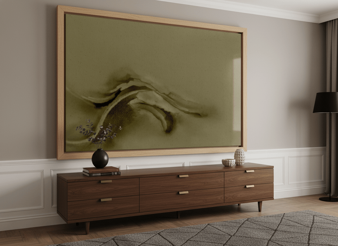 Monumental artwork centred on a feature wall in a luxe interior
