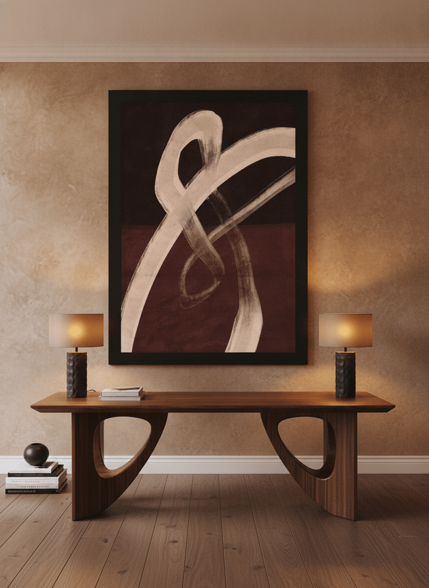 Oversized statement modern wall art print styled on the wall in a luxe home office