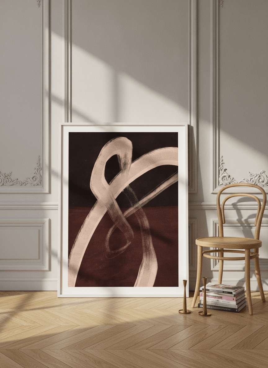 Modern wall art print leaning against the wall in a Parisian home office