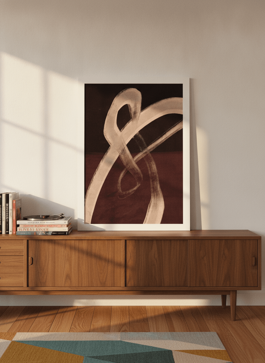 Modern wall art print standing on a sideboard in a mid-century bedroom