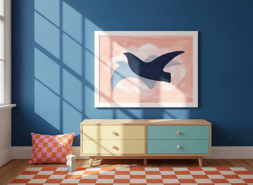 Modern wall art print styled on the wall in a colourful eclectic nursery
