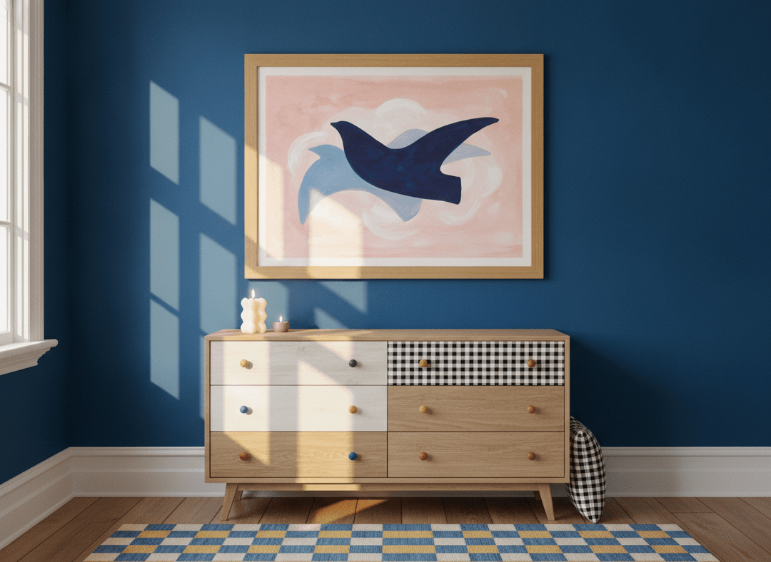 Modern wall art print styled on the wall in a colourful eclectic nursery