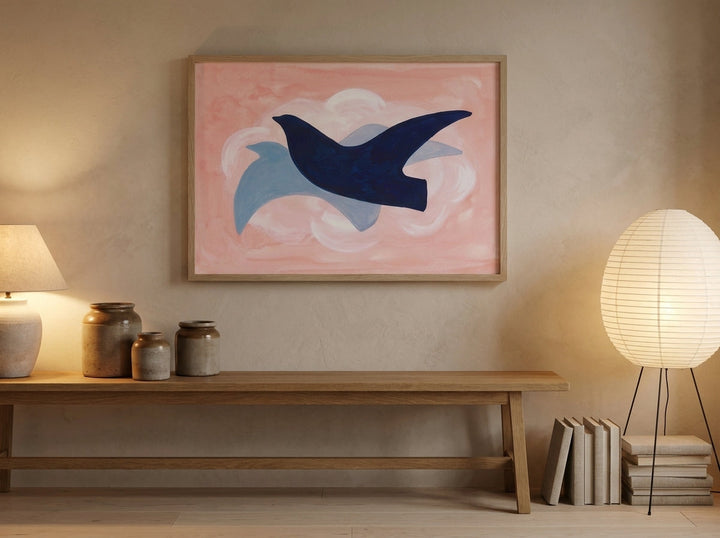 Modern wall art print styled on the wall in a warm Japandi kitchen