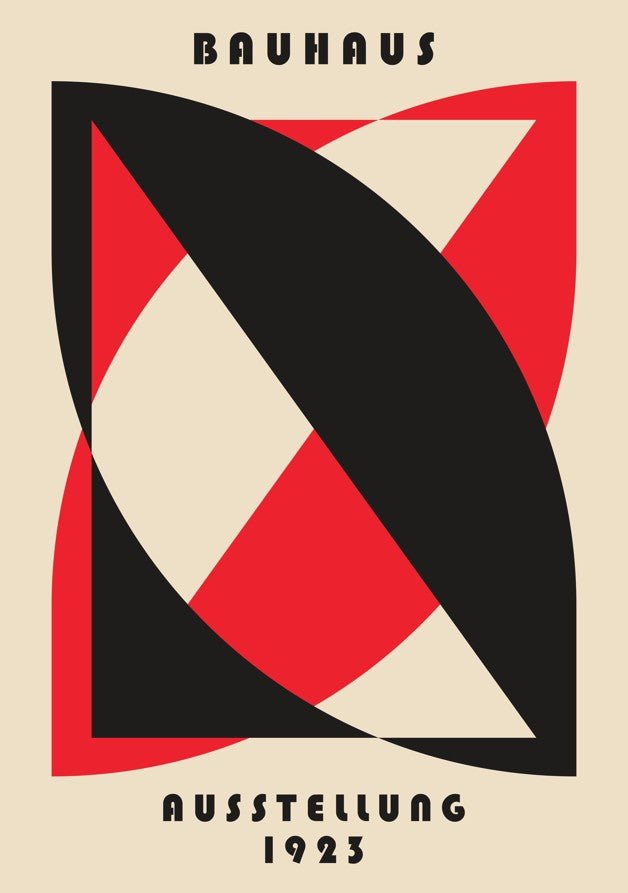 Bauhaus poster with geometric design and text on a beige background framed