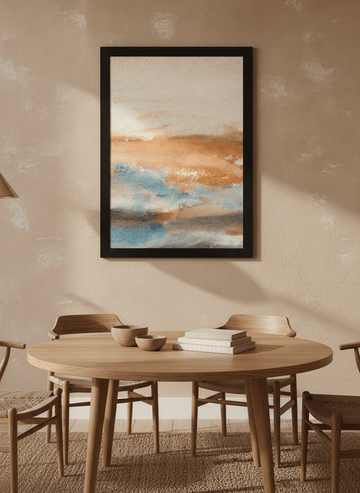 Modern wall art print styled on the wall in a warm Japandi dining room