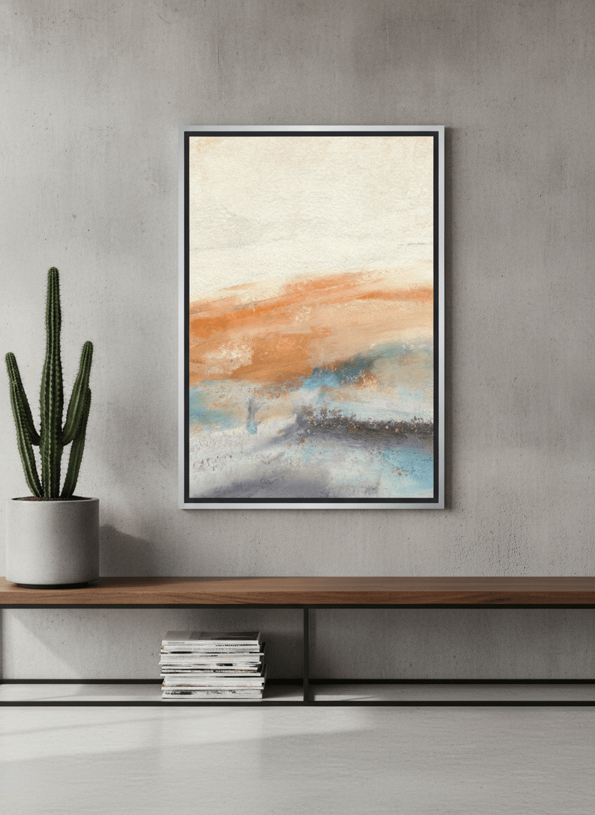 Canvas wall art with a silver leaf surround standing on a console in an industrial loft bedroom
