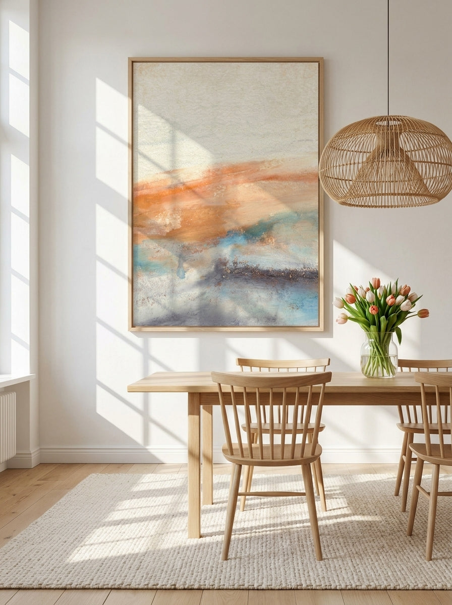 Oversized statement modern wall art print styled on the wall in a bright Scandinavian dining room