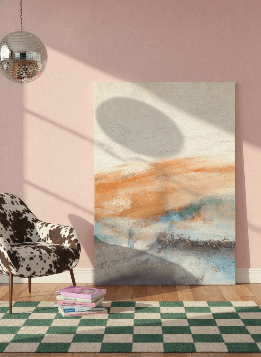 Stretched canvas wall art leaning against the wall in a colourful eclectic bedroom
