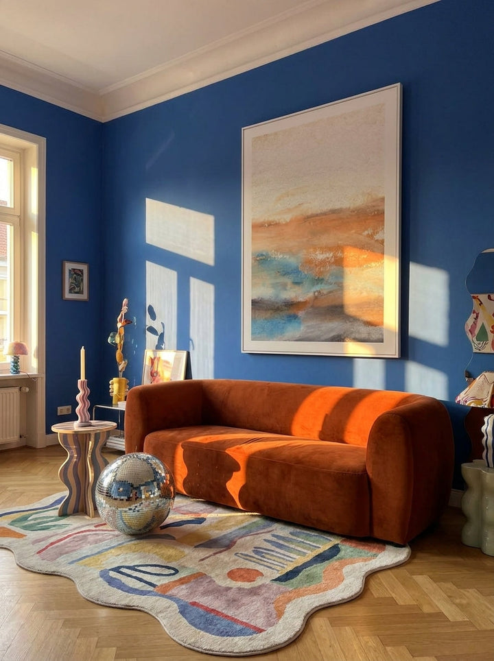 Oversized statement modern wall art print styled on the wall in a colourful eclectic living room