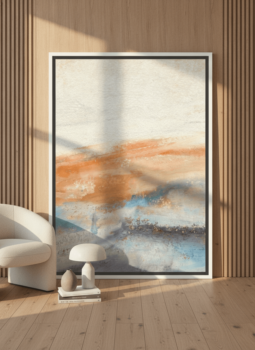 Canvas wall art with a white surround leaning against the wall in a luxe bedroom